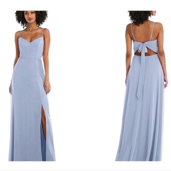 NWT After Six Maxi Dress Mist Blue Tie Back Leg Slit Size 4 - Picture 1 of 10
